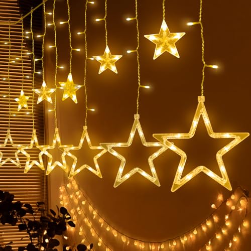 HappiHause Lichtervorhang 12 Sterne 138er LEDs Lichterkette Weihnachtslichter 31V 8 Modi Sternenvorhang mit Timer für Innen, Weihnachten, Party, Hochzeit, Garten, Balkon, Fenster Deko, Warmweiß von HappiHause