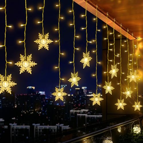 HappiHause Lichtervorhang Schneeflocke Lichterkette 94er LEDs Weihnachtslichter 31V 8 Modi Deko Vorhang mit Timer für Innen, Weihnachten, Party, Hochzeit, Garten, Balkon, Fenster, 3,6x1,0M von HappiHause