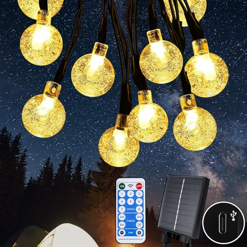 HappiHause Solar Lichterkette 10M 65 LED Solarlichterkette 8 Modi Kristall Kugeln Wasserdicht IP65 für Außen Innen Deko Garten Bäume Terrasse Balkon Partys, Warmweiß von HappiHause