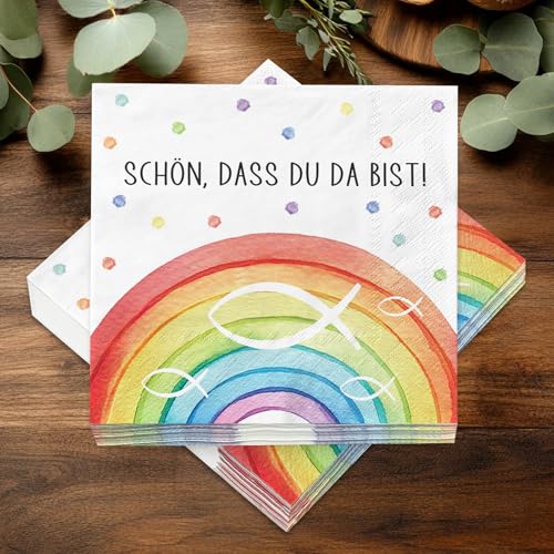 40 Stück Servietten Tischdeko zur Taufe Kommunion Konfirmation Firmung Erstkommunion Mädchen, Fische Regenbogen Taufdeko Deko, Schön, dass du da bist von Happirra