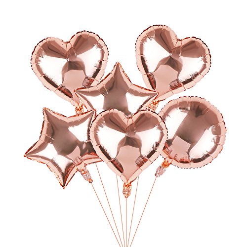 Happium 18" Roségold Herz, Stern, runde Champagner-Folienballons, 6er-Pack, große Ballons mit 10 m Rollenband, Partydekorationen von Happium