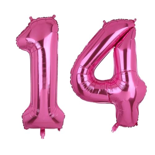 Happium Luftballons, 14 Zoll Zahlenballons 14, Hot Pink Folienballons Geburtstag Silber Ballon Zahlen 1 und 4 Luftballons für Geburtstag Hochzeit Party Dekorationen Feier Supplies von Happium