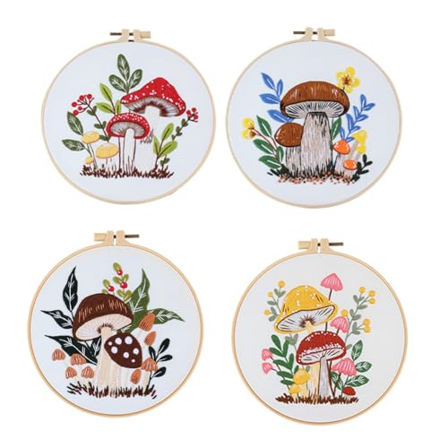 4 Sets Stickset für Anfänger und Erwachsene, Handstickerei-Set enthält Agaric, Reifen, Farbfäden, Werkzeuge von Happlignly