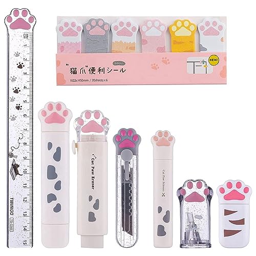 Happlignly 8-Teiliges Süßes Katzenpfoten-Briefpapier-Set, Kawaii-Schulbedarf, Einschließlich Bleistiftspitzer, Einziehbarer Radiergummi, Wiederverwendbar, Langlebig, Einfach zu Verwenden (Weiß). von Happlignly