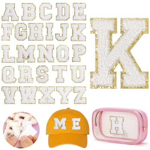 Chenille-Buchstaben-Aufnäher, selbstklebend, Alphabet-Aufkleber-Set für DIY-Kleidung, weißer Filz, Anfangsbuchstaben, Aufnäher mit goldenem Glitzerrand, Nähen, Varsity-Buchstaben, Aufkleber für Chenille-Buchstaben-Aufnäher, selbstklebend, Alphabet-Aufkleber-Set für DIY-Kleidung, weißer Filz, Anfangsbuchstaben, Aufnäher mit goldenem Glitzerrand, Nähen, Varsity-Buchstaben, Aufkleber für von Happtkey