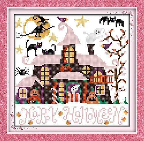 Happy Forever Kreuzstich-Set, 11-fädig, geprägte Muster für Kinder und Erwachsene, DIY vorgedrucktes Stickset für Anfänger, Halloween (K205 Halloween-Hütte, Größe 27,9 x 25,4 cm) von Happy Forever