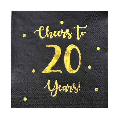 Cheers to 20 Years Cocktail-Servietten | Happy 20th Birthday Dekorationen für Männer und Frauen und Hochzeitstag Party-Dekorationen | 50 Stück 3-lagige Servietten | 12,7 x 12,7 cm gefaltet (schwarz) von Happy Palace