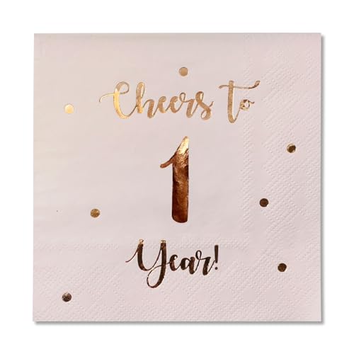 Cocktail-Servietten mit Aufschrift "Cheers to 1 Year", "Happy 1st Birthday", Dekoration für Männer und Frauen und Hochzeitstag, Party-Dekorationen, 50 Stück, 3-lagige Servietten, 12,7 x 12,7 cm von Happy Palace