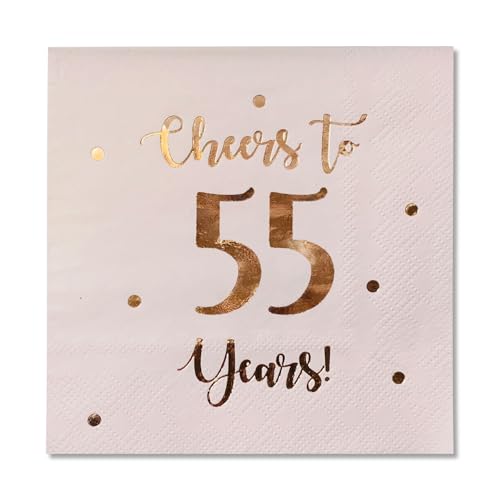 Cocktail-Servietten mit Aufschrift "Cheers to 55 Years", "Happy 55th Birthday", Dekoration für Männer und Frauen und Hochzeitstag, Party-Dekorationen, 50 Stück, 3-lagige Servietten, 12,7 x 12,7 cm von Happy Palace