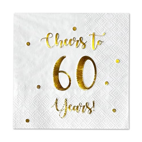 Cocktail-Servietten mit Aufschrift "Cheers to 60 Years" | Happy 60th Birthday Dekorationen für Männer und Frauen und Hochzeitstag Party Dekorationen | 50er-Pack 3-lagige Servietten | 12,7 x 12,7 cm von Happy Palace