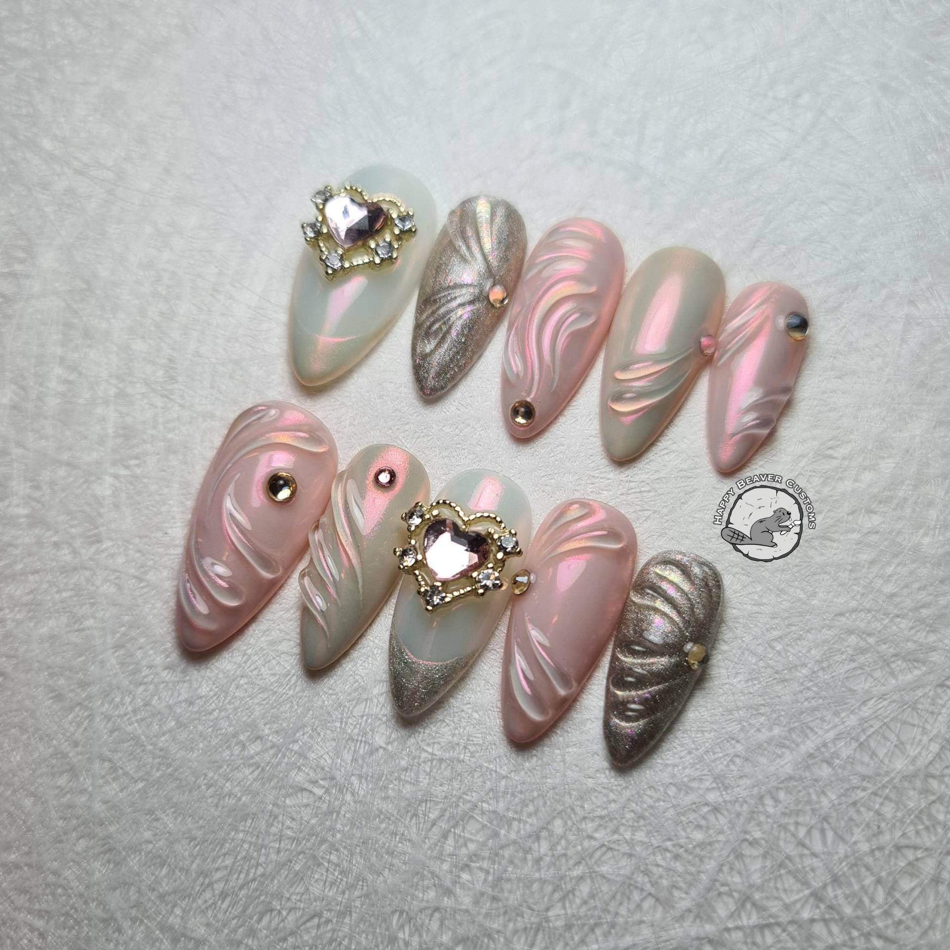 Ethereal Valentine's 3D Press On Nails, Pink Biege Weiße Freestyle Falsche Nägel, Gel Nagel, Fairy Princess Kokette Girly Nägel von HappyBeaverCustoms