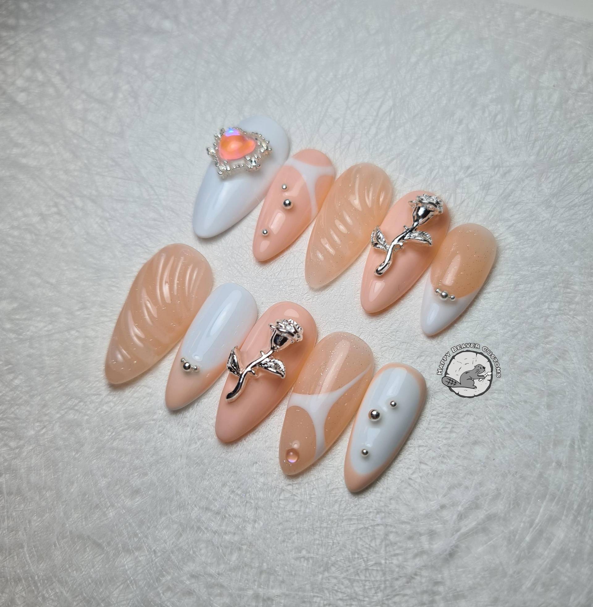 Freestyle 3D Press On Nails, Fairy Princess Lange Nägel, Roses Valentines Orange Pfirsich Koralle Weiße Silbernägel, Federnägel, Gel Nag von HappyBeaverCustoms