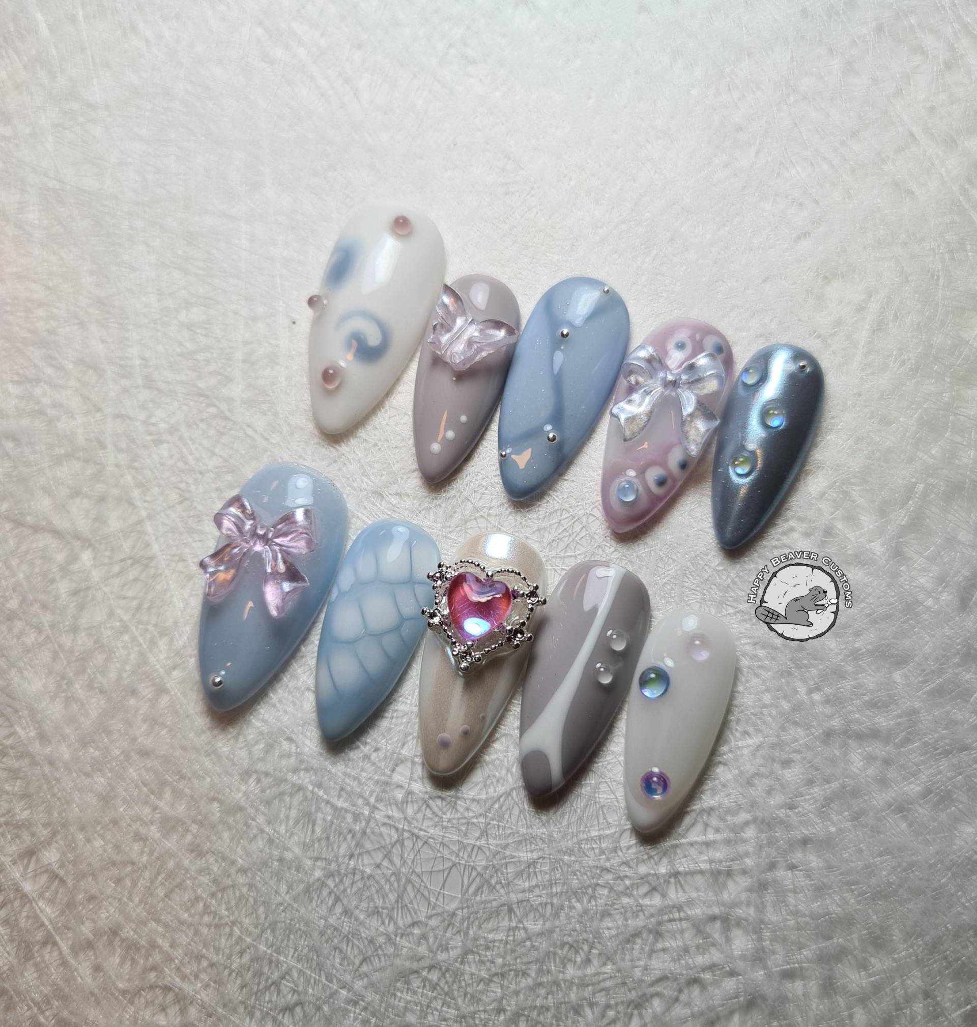 Freestyle 3D Press On Nails, Fairy Princess Pastel Long Nägel, Y2K, Schmetterling Aurora Blau Lila Herbst Gel Nagel von HappyBeaverCustoms