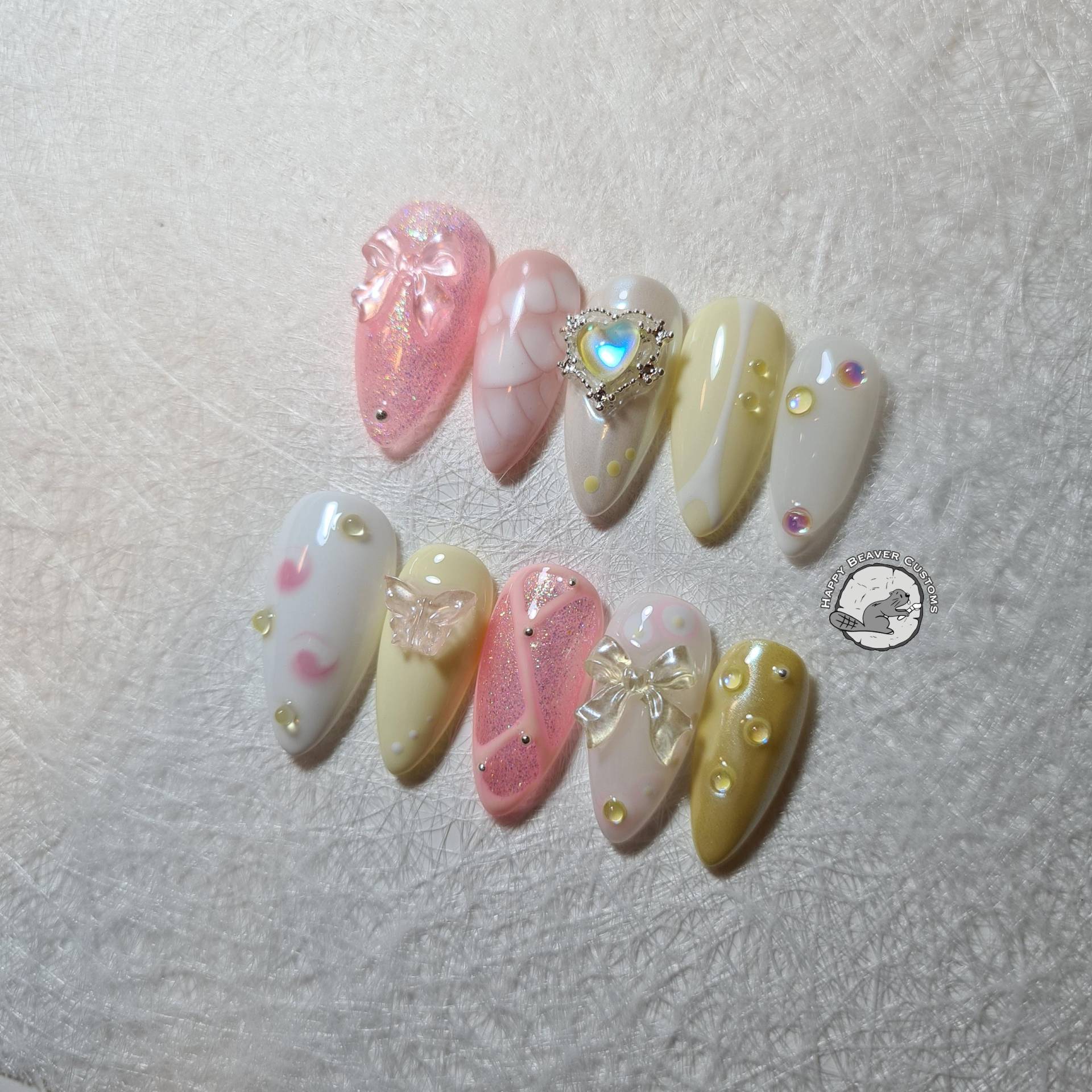 Freestyle 3D Press On Nails, Lange Nägel Fee-Prinzessin, Schmetterling Aurora Nägel, Gelbe Rosa Herbstnägel, Gel Nagel von HappyBeaverCustoms