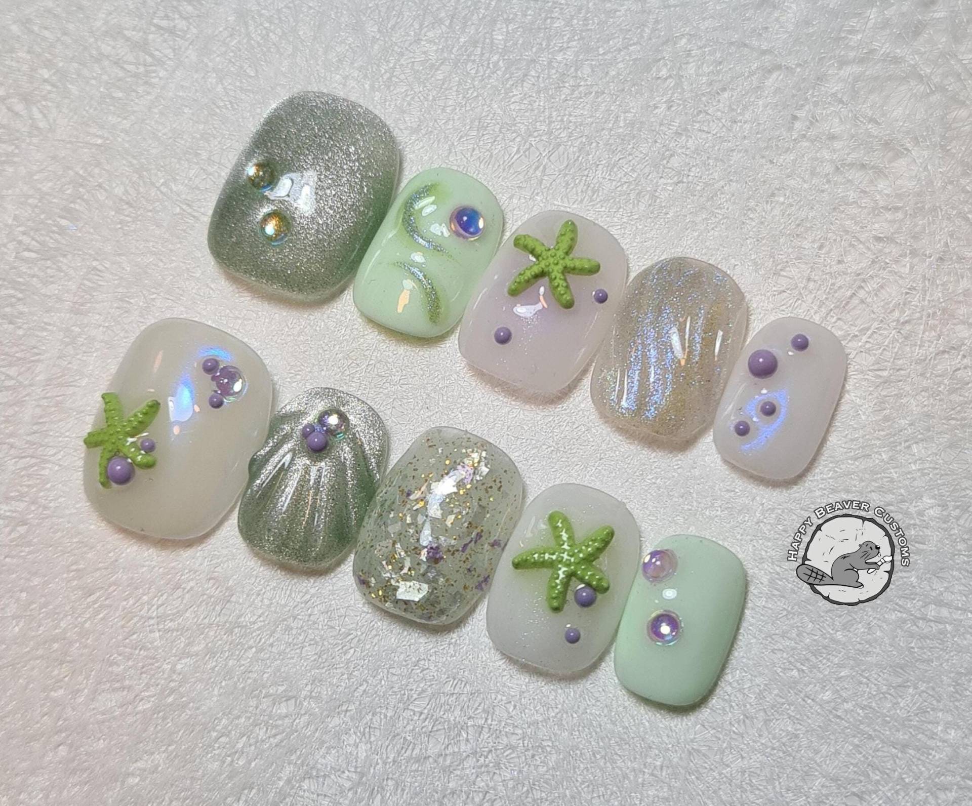 Freestyle 3D Press On Nails, Sea Ocean Starfish Nägel, Kurze Grünes Katzenauge Weiß Lila Gel Nagel, Mermaid Translusent Nägel von HappyBeaverCustoms