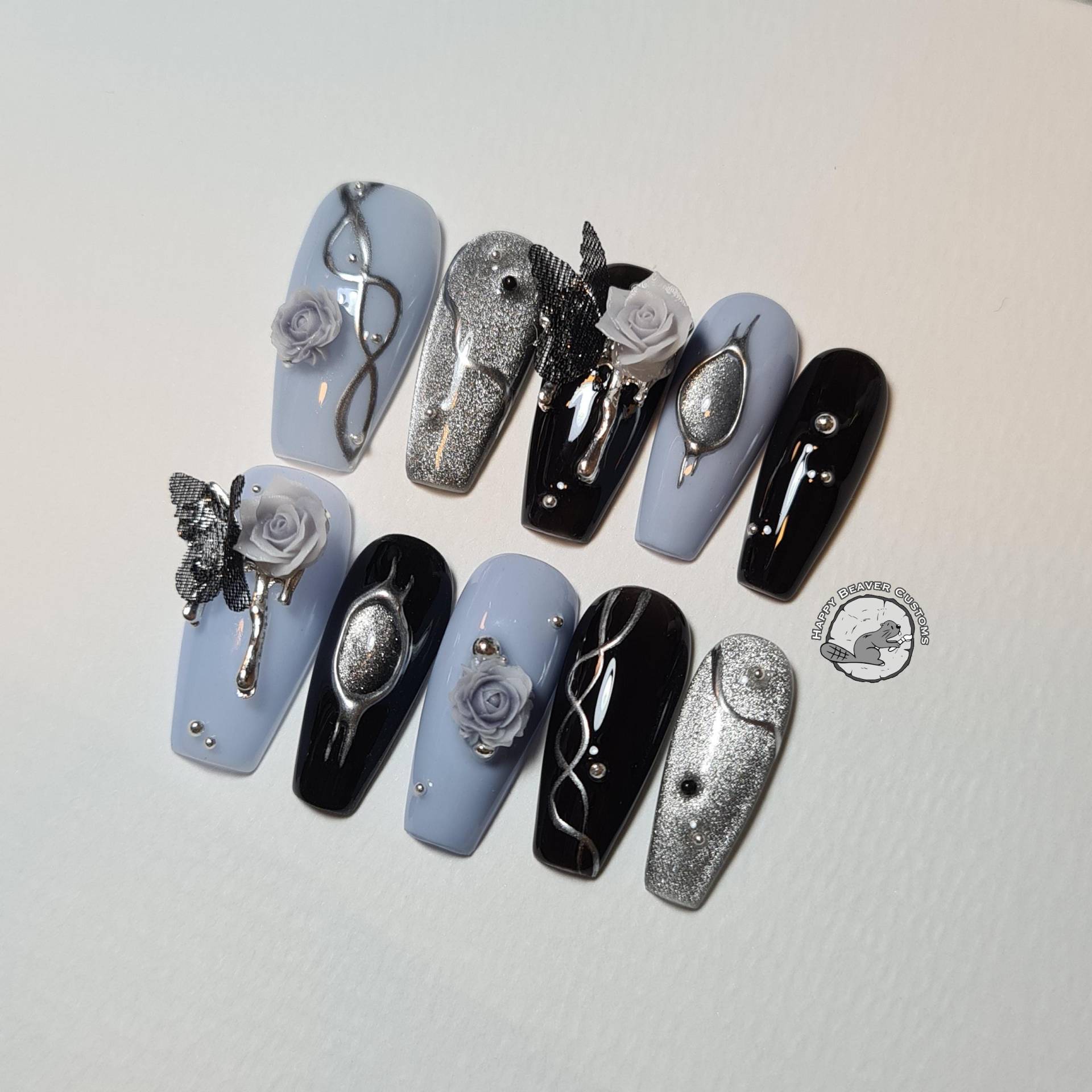 Organza Schmetterling 3D Press On Nails, Schwarz Blau Lange Nägel, Gel Nagel, Glänzende Glänzende Blumennägel, Halloween Y2K Coffin Nägel Transluzent von HappyBeaverCustoms