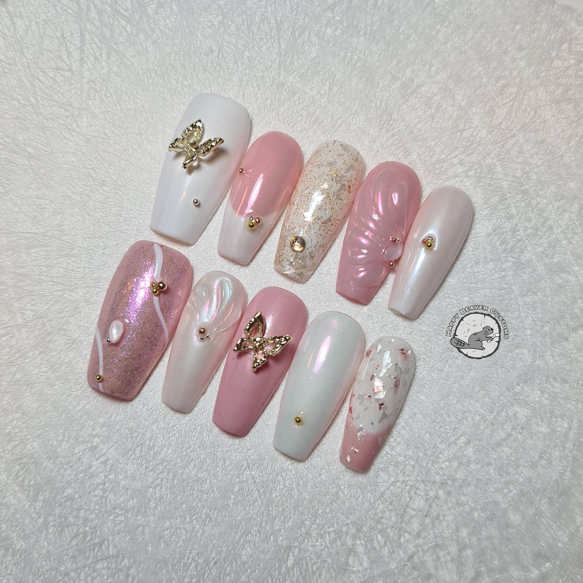 Schmetterling 3D Press On Nails, Prinzessin Süße Nägel, Freestyle Falsche Y2K, Gel Nagel Set, Pink Aurora Weiße Funkelnde Nägel von HappyBeaverCustoms