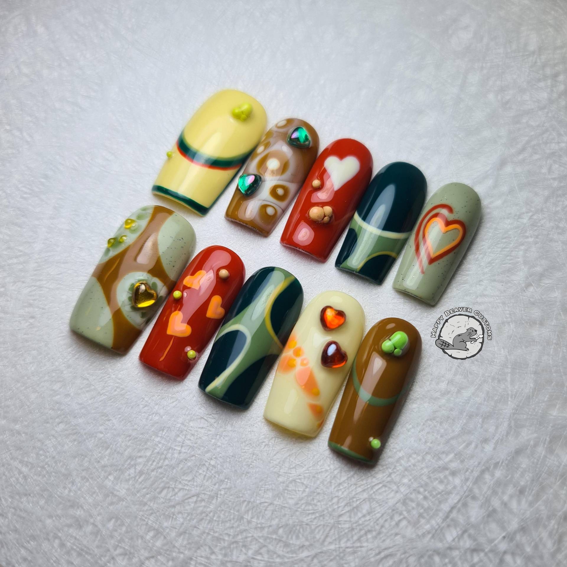 Valentine's Freestyle 3D Press On Nails, Abstrakte Y2K Nägel, Dunkelgrüne Gelbe Terrakottarot-Orange-Nägel, Gel Nagel, Grunge Funky Nägel von HappyBeaverCustoms