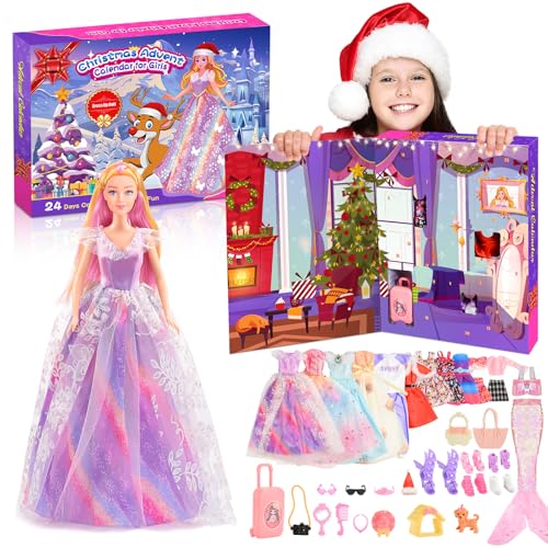 Adventskalender 2024 Kinder Mädchen, HappyGoLucky Geschenk Mädchen 3 4 5 6 7 8 9 10 11 Jahre Spielzeug ab 3-8 Jahre Mädchen Weihnachts Geschenke für Mädchen Weihnachtskalender Kleidung für Puppe von HappyGoLucky