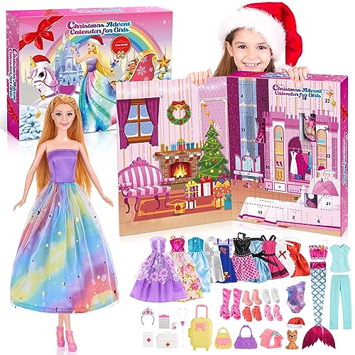 Adventskalender 2024 Kinder Mädchen, HappyGoLucky Geschenk Mädchen 3 4 5 6 7 8 9 10 11 Jahre Spielzeug ab 3-9 Jahre Mädchen Weihnachtskalender Weihnachts Geschenke für Kinder Kleidung für Puppe von HappyGoLucky