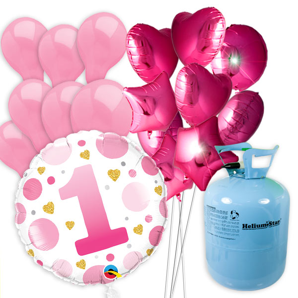 1. Geburtstag Girl Ballongas-Set, mit 50er  Helium-Ballongas, Folie- u. Luftballons von Geburtstagsfee