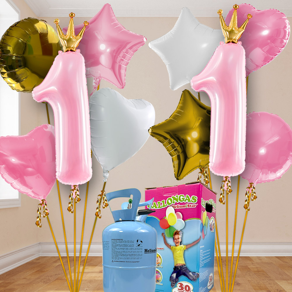 1. Geburtstag Heliumballon Set Mädchen mit 10 Folienballons inkl. Heliumgas von Geburtstagsfee