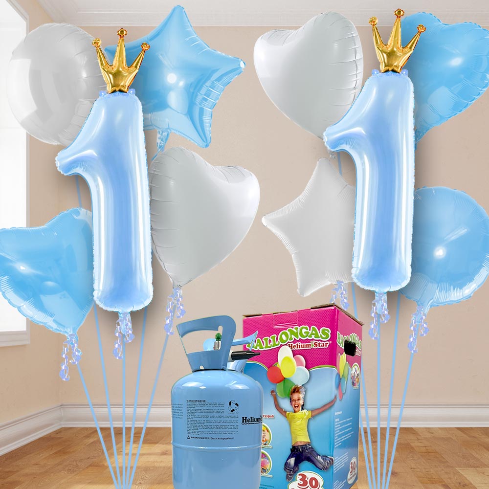 1. Geburtstag Heliumballon Set blau-weiß mit 10 Folienballons inkl. Heliumgas von Geburtstagsfee