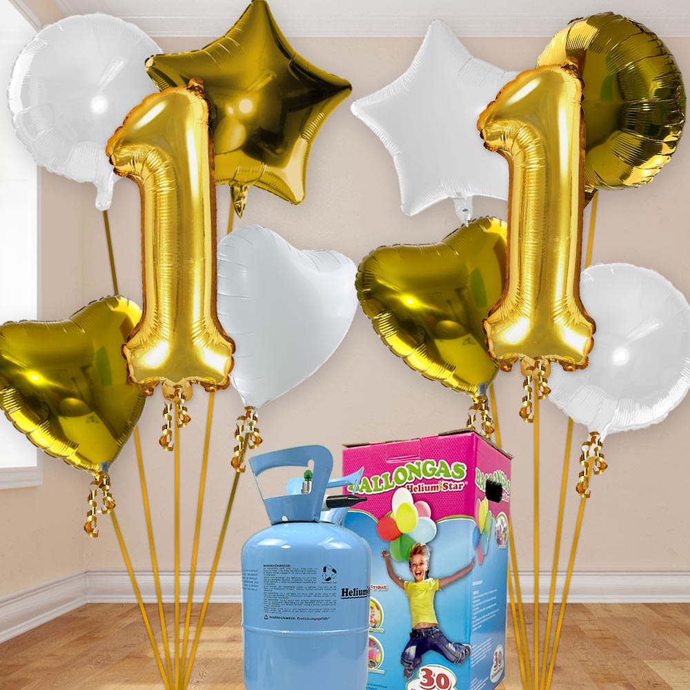 1. Geburtstag Heliumballon Set gold-weiß mit 10 Folienballons inkl. Heliumgas von Geburtstagsfee