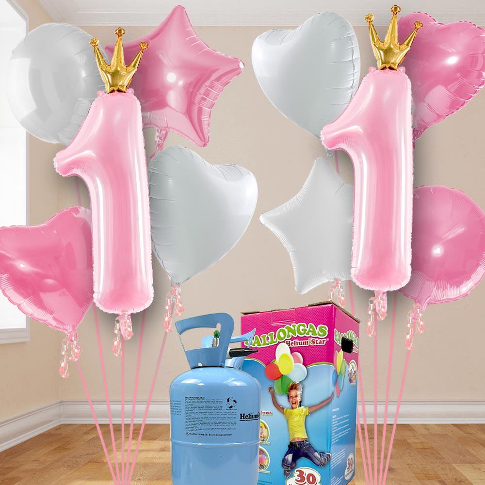 1. Geburtstag Heliumballon Set rosa-weiß mit 10 Folienballons inkl. Heliumgas von Geburtstagsfee