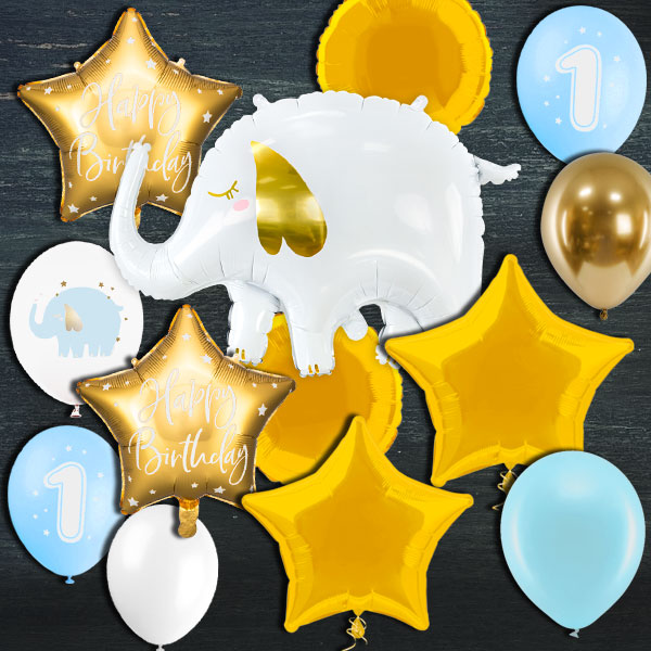 Ballongas-Set, 1. Geburtstag Elefant in blau, 50er Heliumflasche + Ballons von Geburtstagsfee