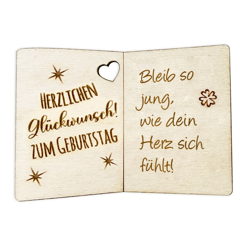 Bleib so jung, wie dein Herz sich fühlt! - Geburtstagskarte Holz als Anhänger für Geschenke u. Blumendeko von Happygoods GmbH