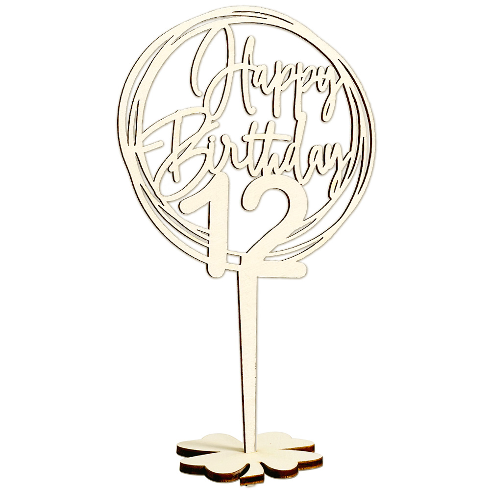 Cake Topper 12. Geburtstag, Holz mit Schriftzug Happy Birthday und Fuß, nach der Torte auf den Tisch von Happygoods GmbH