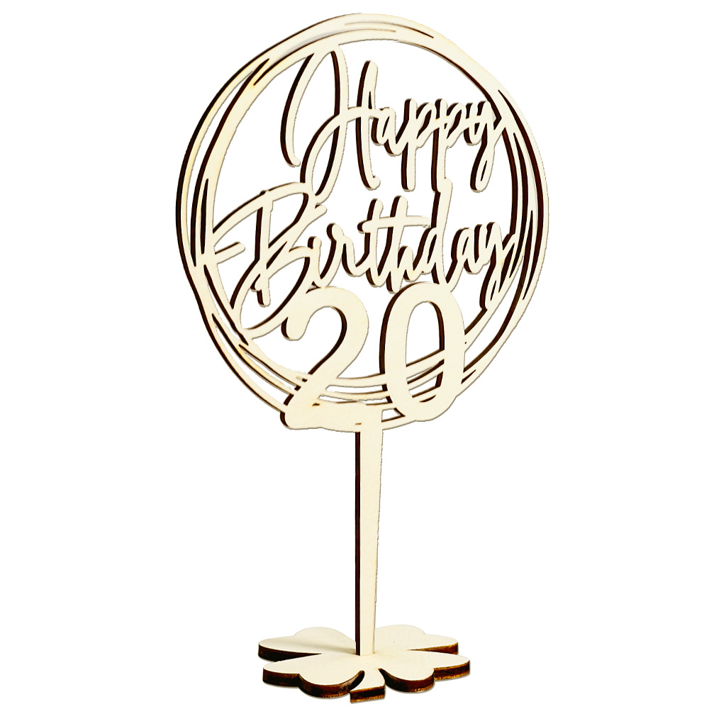 Cake Topper 20. Geburtstag, Holz mit Schriftzug Happy Birthday und Fuß, nach der Torte auf den Tisch von Happygoods GmbH