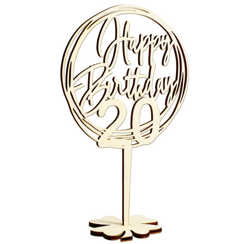 Cake Topper 20. Geburtstag, Holz mit Schriftzug Happy Birthday und Fuß, nach der Torte auf den Tisch von Happygoods GmbH