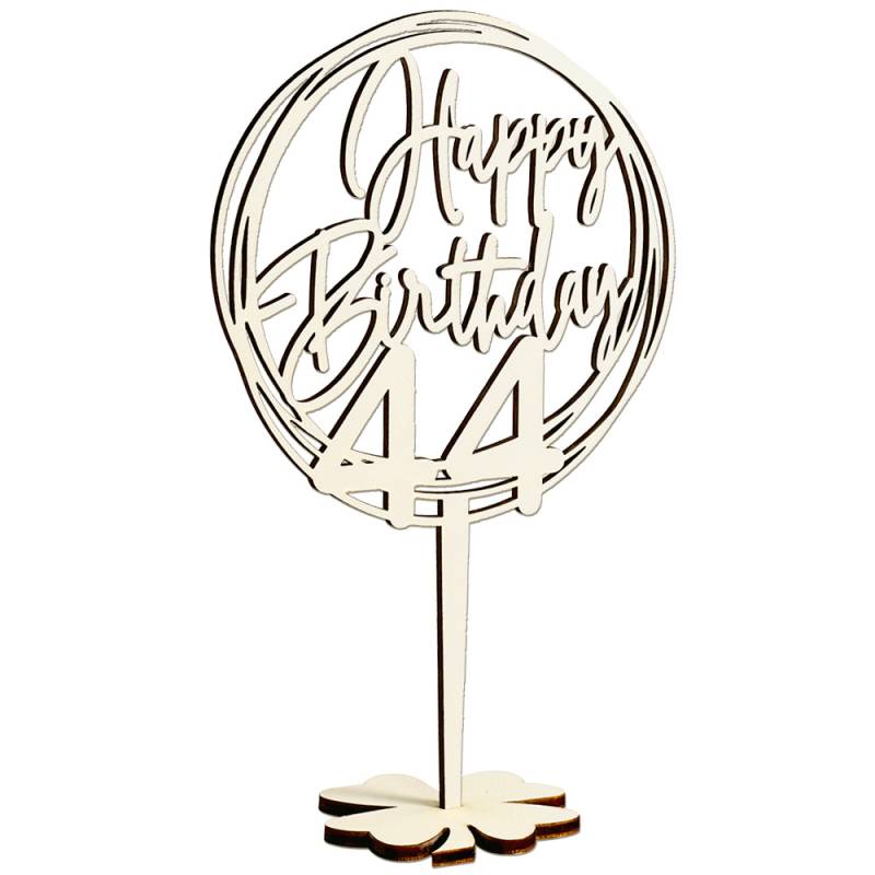 Cake Topper 44. Geburtstag, Holz mit Schriftzug Happy Birthday und Fuß, nach der Torte auf den Tisch von Happygoods GmbH