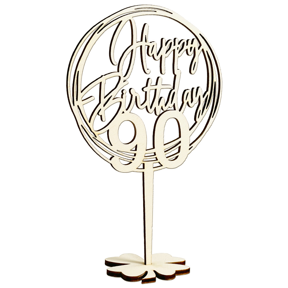 Cake Topper 90. Geburtstag, Holz mit Schriftzug Happy Birthday und Fuß, nach der Torte auf den Tisch von Happygoods GmbH