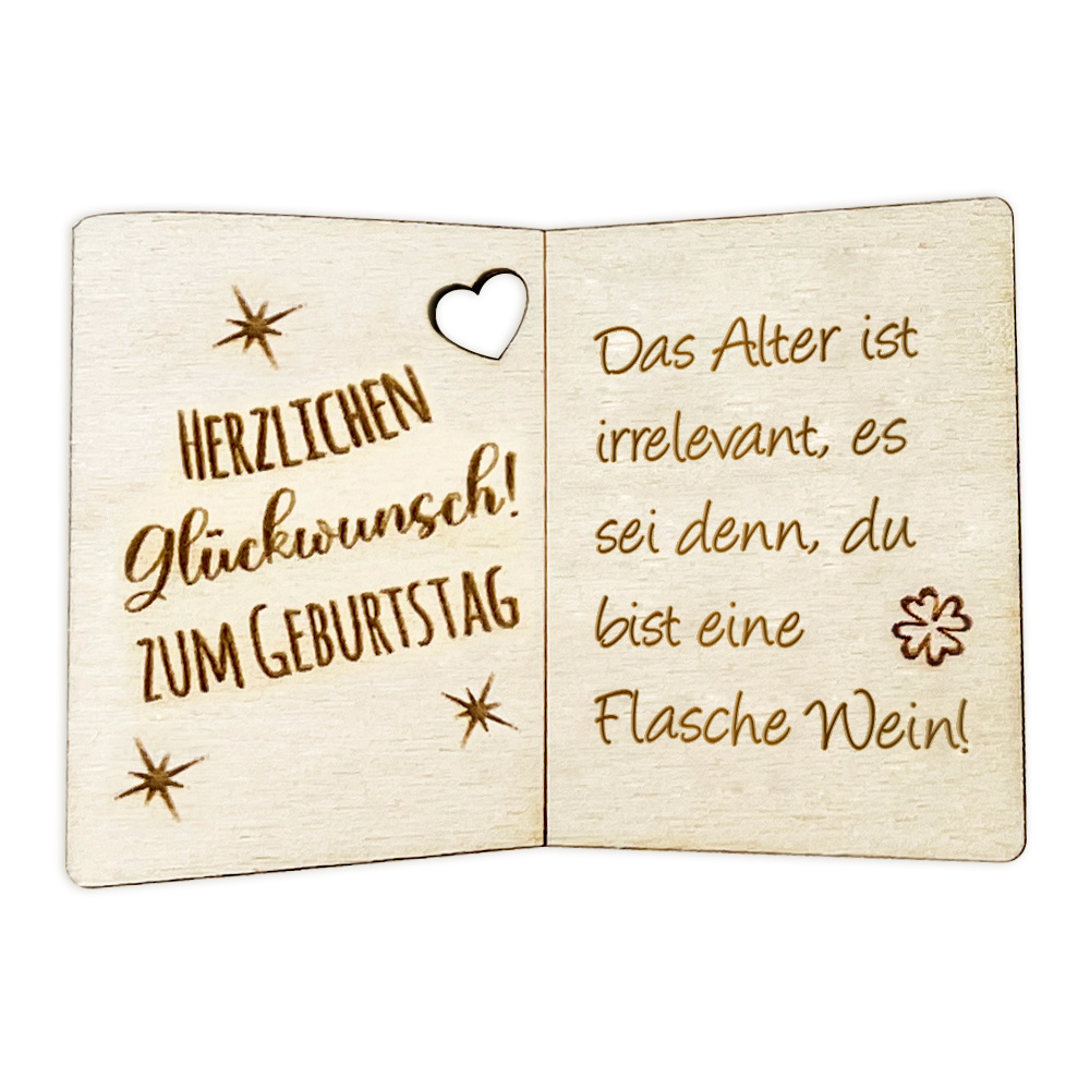 Das Alter ist irrelevant, es  sei denn, du bist eine Flasche Wein! - Geburtstagskarte Holz als Anhänger für Geschenke u. Blumendeko von Happygoods GmbH