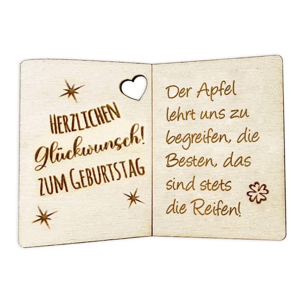 Der Apfel lehrt uns zu begreifen, die Besten, das sind stets die Reifen! - Geburtstagskarte Holz als Anhänger für Geschenke u. Blumendeko von Happygoods GmbH