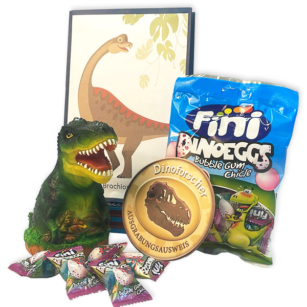 Dinosaurier Geschenkset, 6-tlg. mit Spardose, Sticker, Tattoos uvm. von Geburtstagsfee