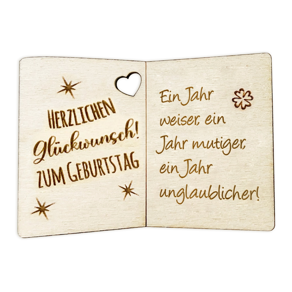 Ein Jahr weiser, ein Jahr mutiger, ein Jahr unglaublicher! - Geburtstagskarte Holz als Anhänger für Geschenke u. Blumendeko von Happygoods GmbH