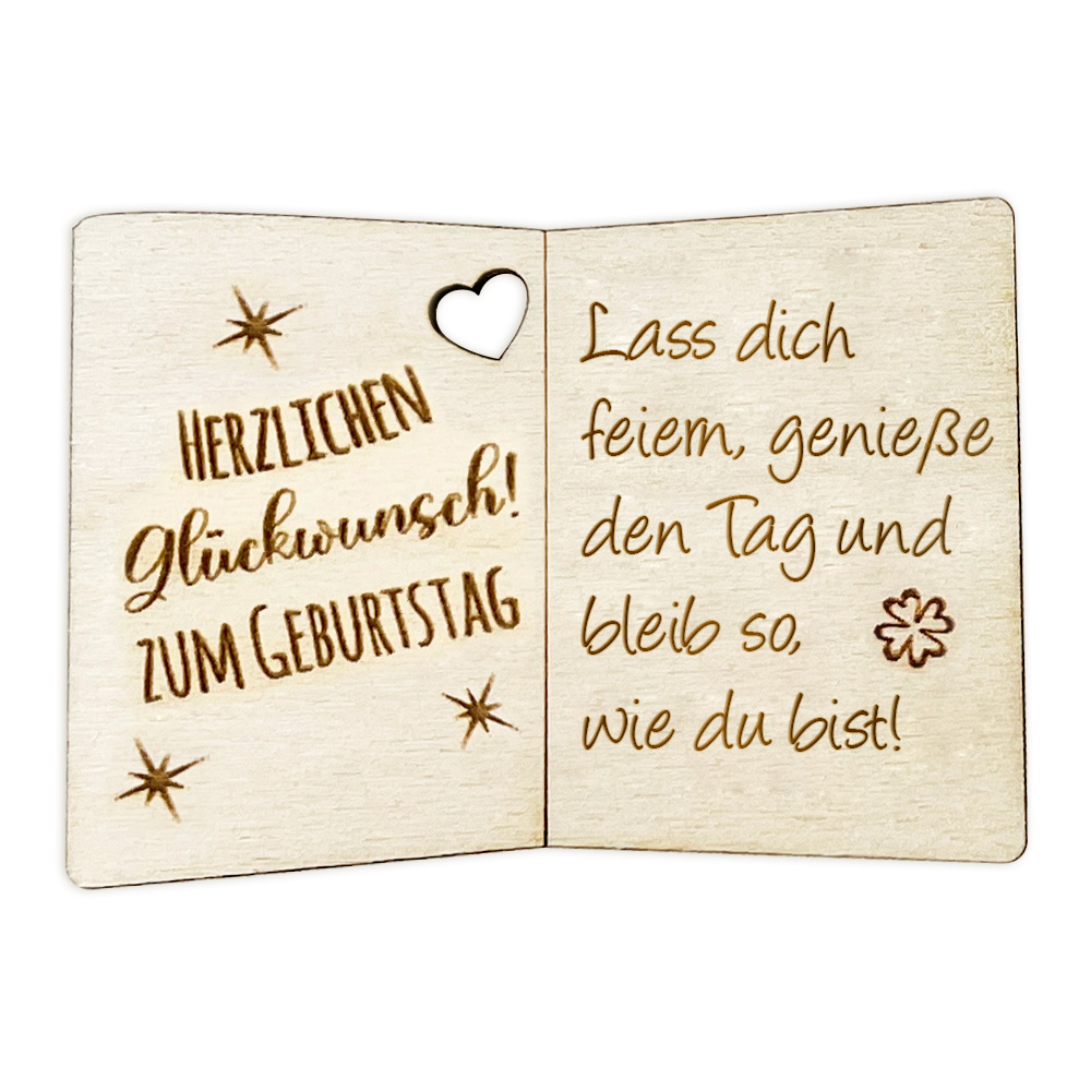 Lass dich feiern, genieße den Tag und bleib so, wie du bist! - Geburtstagskarte Holz als Anhänger für Geschenke u. Blumendeko von Happygoods GmbH