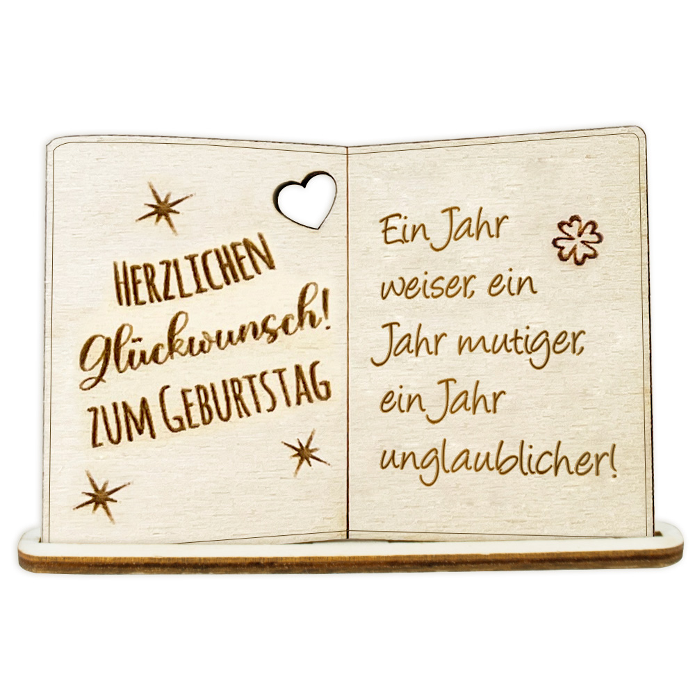 Holzkarte mit Standfuß und versch. Geburtstagssprüchen Geburtstagsspruch: Ein Jahr weiser, ein Jahr mutiger, ein Jahr unglaublicher! von Happygoods GmbH