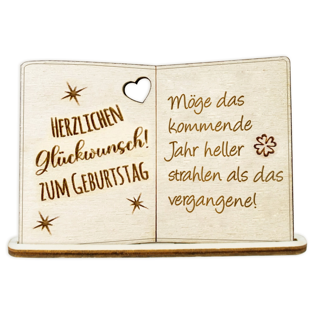 Geburtstagskarte Holz mit Standfuß & Geburtstagswunsch: Möge das kommende Jahr heller strahlen als das vergangene! von Happygoods GmbH