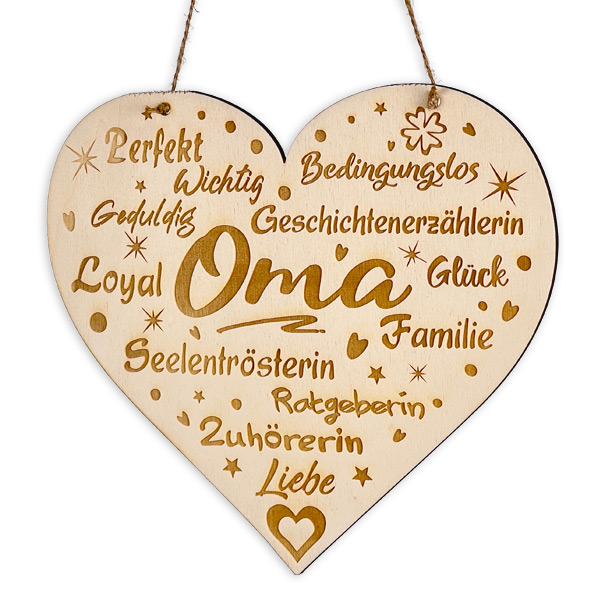 Kreativ graviertes Holzherz "Oma" u. weiteren lieben Worten als Geschenk, inkl. Kordel zum Aufhängen - Variante Groß von Geburtstagsfee