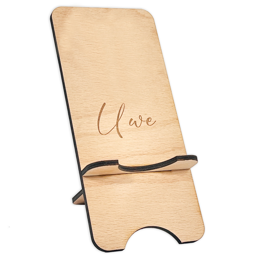 Handyhalter aus Holz mit Name o. Wunschtext, 14,5cm x 8cm von Happygoods GmbH