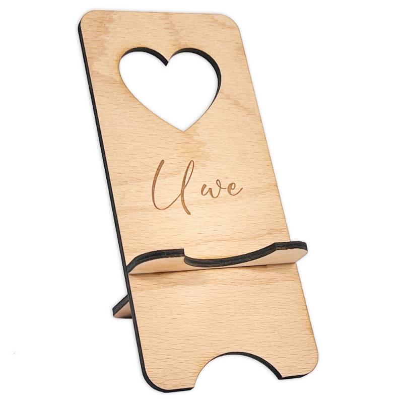 Handyhalter aus Holz mit Name o. Wunschtext + Herz Ausschnitt, 14,5cm x 8cm von Happygoods GmbH