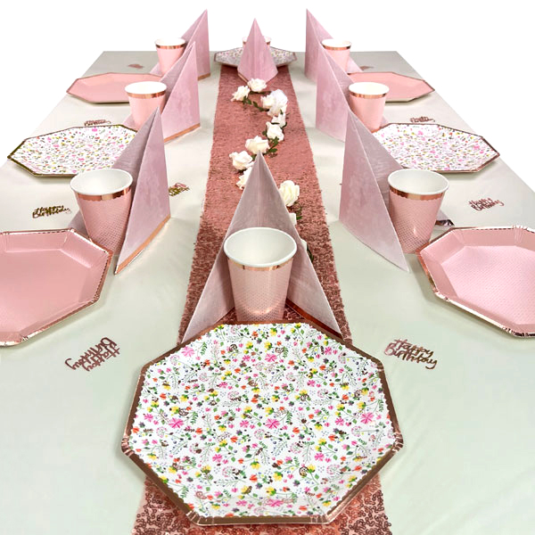 Happy Birthday Tischdeko Set Mädchen bis 16 Gäste - Blumen Rosé von Geburtstagsfee