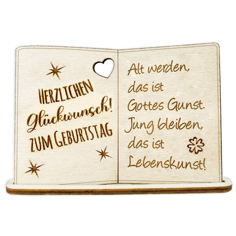 Geburtstagskarte Holz mit Standfuß & Geburtstagswunsch: Alt werden, das ist Gottes Gunst. Jung bleiben, das ist Lebenskunst! von Happygoods GmbH