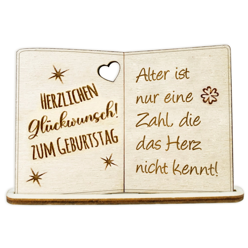 Geburtstagskarte Holz mit Standfuß & Geburtstagswunsch: Alter ist nur eine Geburtstag, die das Herz nicht kennt! von Happygoods GmbH