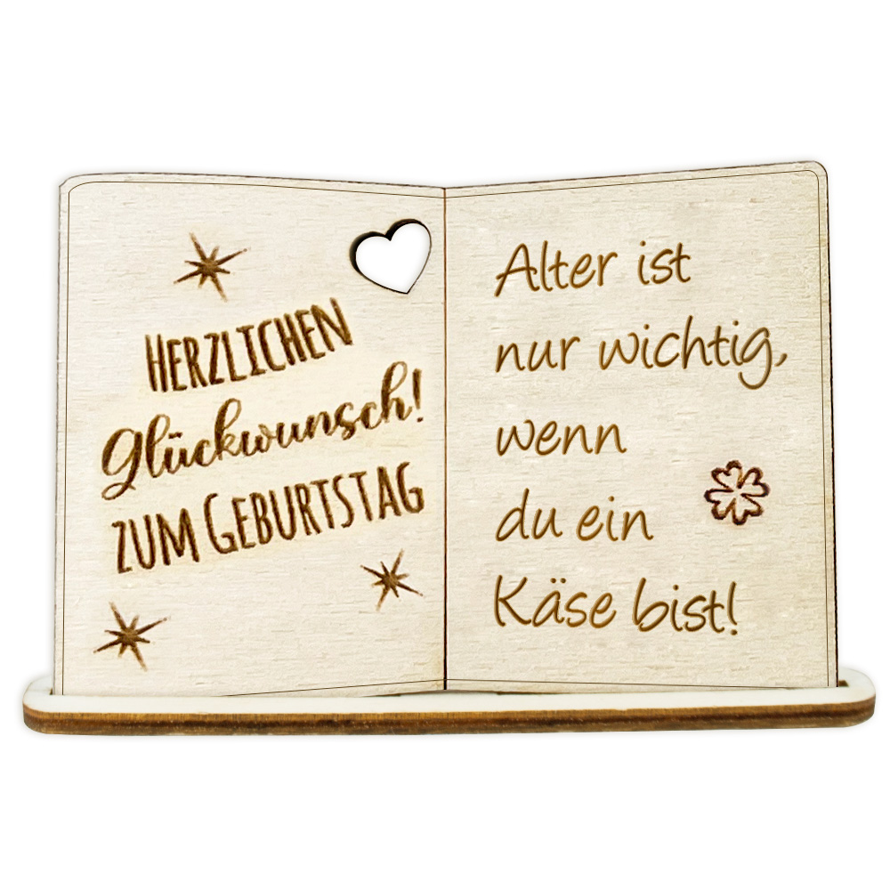 Geburtstagskarte Holz mit Standfuß & Geburtstagswunsch: Alter ist nur wichtig, wenn du ein Käse bist! von Happygoods GmbH